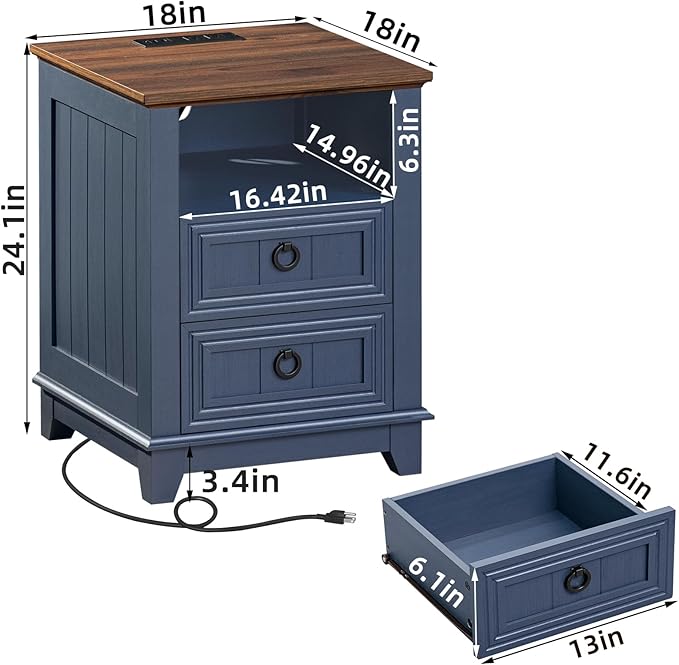 18" Farmhouse Night Stands Set of 2 with Charging Station, 2 Drawers End Table Dresser for Bedroom, Blue Wooden Nightstand, Bed Side Table with Open Shelf, Bedside Cabinet for Living Room-CasaMuseHome