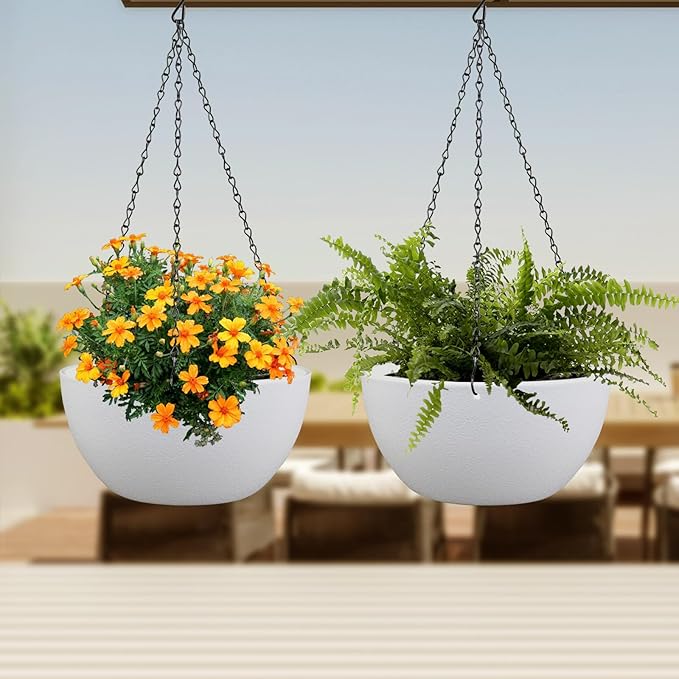 8 inch Small Hanging Planters for Indoor Outdoor Plants, 2 Pack Hanging Flower Pots with Drainage Holes and Chain for Garden Porch Plants, Plastic Hanging Baskets for House Plants, White-CasaMuseHome