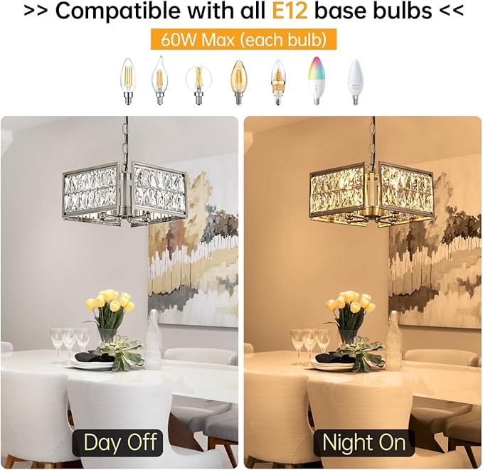 12” 4-Light Modern Crystal Chandeliers Nickel Dinning Room Light Fixture, Square Pendant Light Kitchen Island Chandelier, Flush Mount Ceiling Light for Living Room Entryway Bedroom Foyer-CasaMuseHome