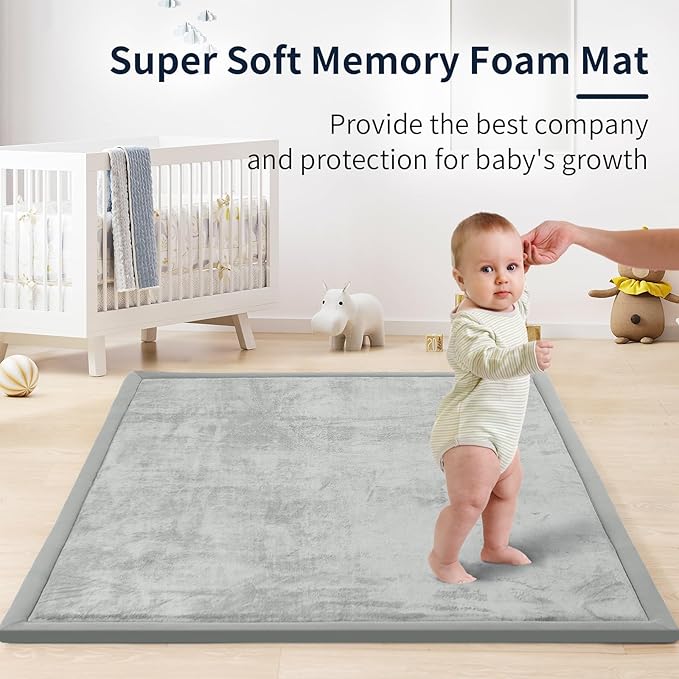 ACOMOPACK Baby Play Mat for Floor 1.3" Thick Memory Foam Play Mat 79"×157 Tummy Time Crawling with Non-Slip Bottom for Living Room,Nursery,Soft Velvet Playpen Mats for Kids,Infants（Light Grey）-CasaMuseHome