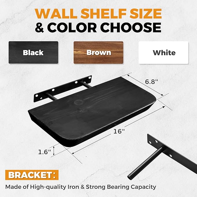 16"x6.8"x1.6" Slanted Floating Wall Shelves 2-Pack - Rustic Black Finish, Heavy-Duty Solid Wood Design with Hidden Brackets - Perfect for Living Room, Kitchen, Bathroom, or Office-CasaMuseHome