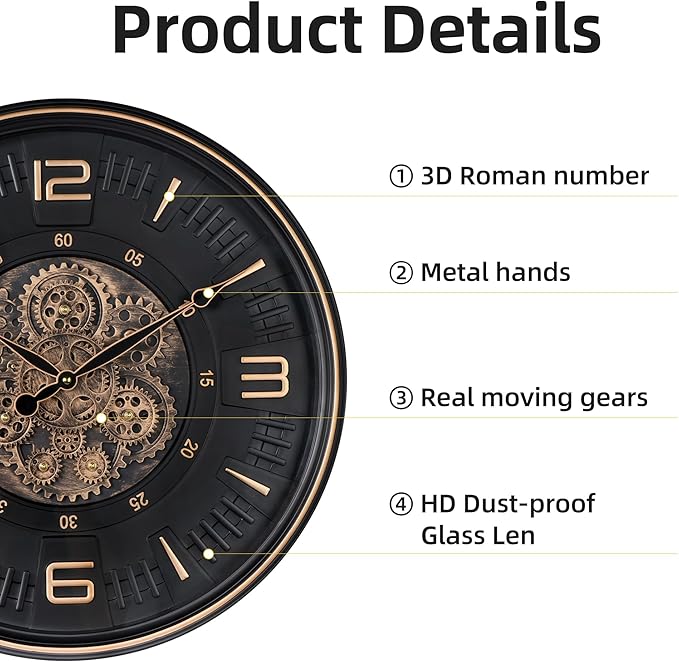 20in Large Real Moving Gears Wall Clock for Living Room, Battery Operated Wall Clocks Decorative Vintage, Home Office Clock, Gift for Family, Friends-CasaMuseHome