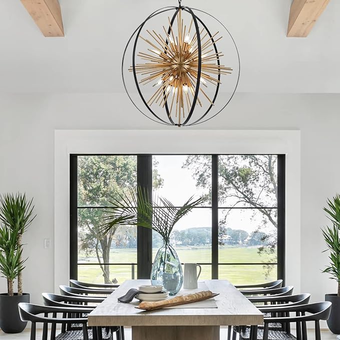 31.5" Black Gold 16-Light Globe Sputnik Chandelier Modern Industrial Adjustable Hanging Ceiling Firework Pendant Light Fixture for Entryway Foyer Stairway Bedroom Dining Living Room Hallway-CasaMuseHome