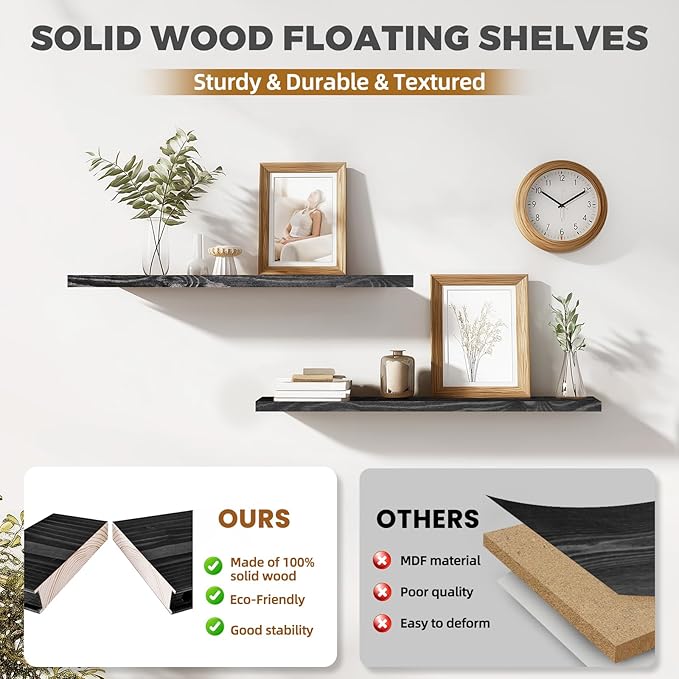 36"x6.8"x1.2" Solid Wood Floating Shelves 2-Pack - Rustic Black Finish with Hidden Brackets, Perfect for Storage and Décor in Living Room, Kitchen, Bedroom-CasaMuseHome