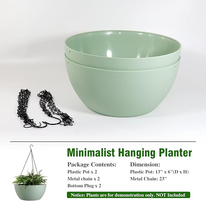 13 inch Large Hanging Planters Plant Pots for Outdoor Indoor Plants with Drainage Holes and Chain, 2 Pack Round Hanging Flower Pots for Garden Home Porch Decor, Green-CasaMuseHome