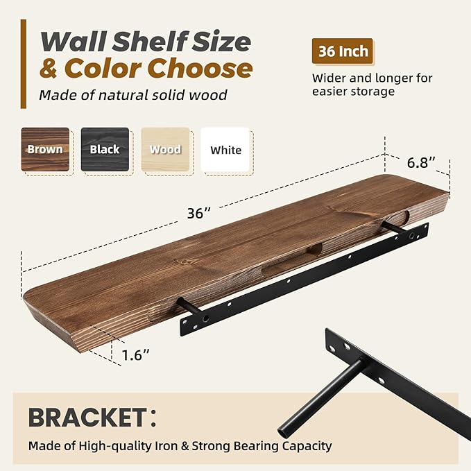 36"x6.8"x1.6" Slanted Floating Wall Shelves 2-Pack - Rustic Brown Finish, Heavy-Duty Solid Wood Design with Hidden Brackets - Perfect for Living Room, Kitchen, Bathroom, or Office-CasaMuseHome