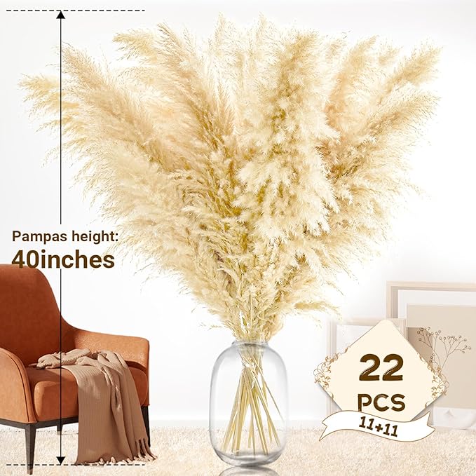 40" 22PCS Dried Pampas Grass Decor Tall,Large Natural Beige pompas Grass Tall Pampas Grass for Floor Vase,Wedding,Party,Farmhouse,Boho Home Decor,and Creating a Bohemian Ambiance-CasaMuseHome
