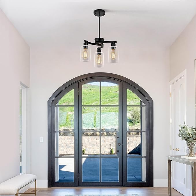 3-Light Modern Farmhouse Black Pendant Lights Kitchen Island, Adjustable Height Contemporary Chandeliers for Dining Room Light Fixture Hanging, Clear Glass Shade-CasaMuseHome