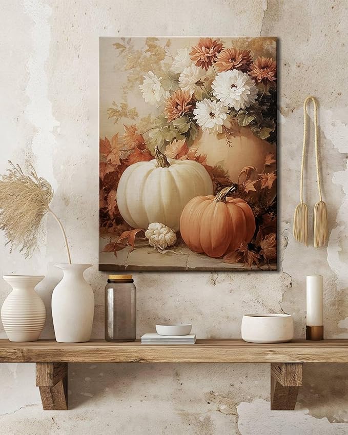 AbcCustomize Fall Wall Art Pumpkin Floral Print, Vintage Thanksgiving Decorations Canvas for Autumn Decor, Rustic Daisy Farmhouse Wall Art Decor for Bedroom Living Room Kitchen, Ready to Hang-CasaMuseHome