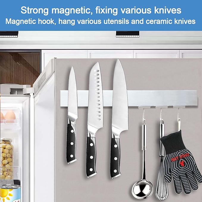 14 Inch Magnetic Knife Holder for Refrigerator - Knife Magnetic Strip for Fridge with Magnetic Hooks - Double Sided Magnetic Knife Bar - Stainless Steel Kitchen Magnetic Knife Hanger Rack-CasaMuseHome