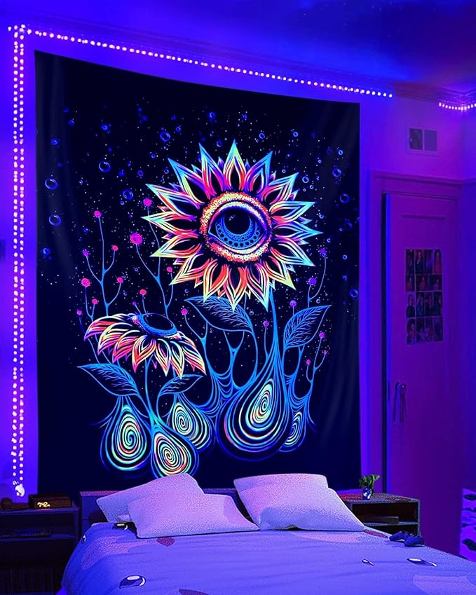 ADDWel Blacklight Sunflower Tapestry, Hippie Eye Tapestry Glow In The Dark, UV Reactive Black Light Upright Posters Wall Hanging for Bedroom Dorm Living Room Backdrop Decor-CasaMuseHome