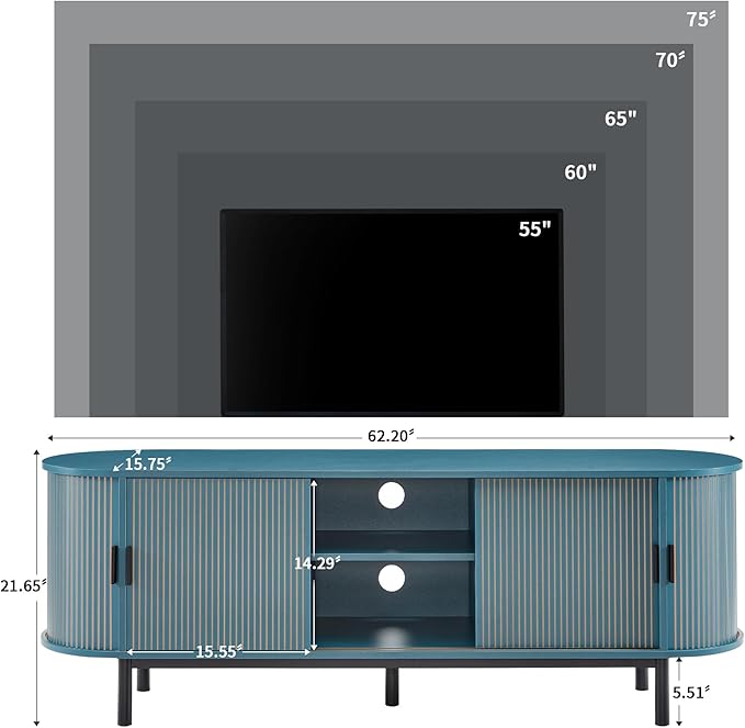62" Tambour Door TV Stand,Wood Mid Century Modern TV Cabinet for Up to 75“ TV,Curved Edge Long TV Stand with Storage for Bedroom Living Room(62.2inch,Blue)-CasaMuseHome