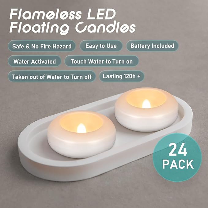 24 Pack 3”Floating Candles Water-Activated Flameless LED Candle, 120 Hour White Battery Operate Waterproof Tealights for Cylinder Vases, Centerpieces at Wedding, Party, Pool,Romantic.-CasaMuseHome