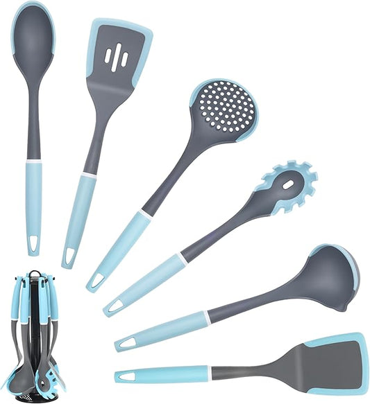 6-Piece Silicone Kitchen Utensil Set with Rotating Stand, Non-Stick, Heat-Resistant (400°F), Nylon Handle, Cooking Spatula Set for Baking & Cooking, Light Blue-CasaMuseHome