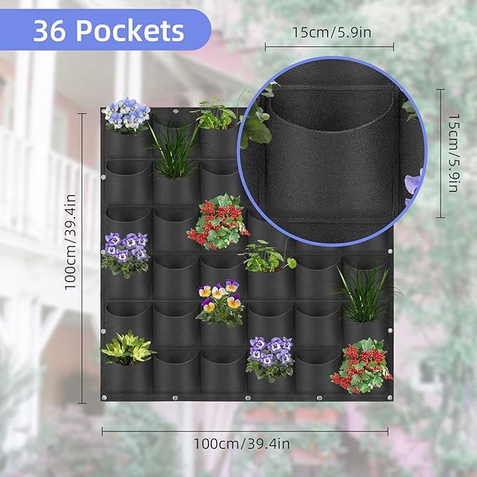 36 Pockets Hanging Planter Bags, Hanging Vertical Wall Mounted Plant Planting Grow Bags, Herb Garden Planter Outdoor Indoor Growing Bag, Gardening Vertical Greening Flower Container(1m×1m, Black)-CasaMuseHome