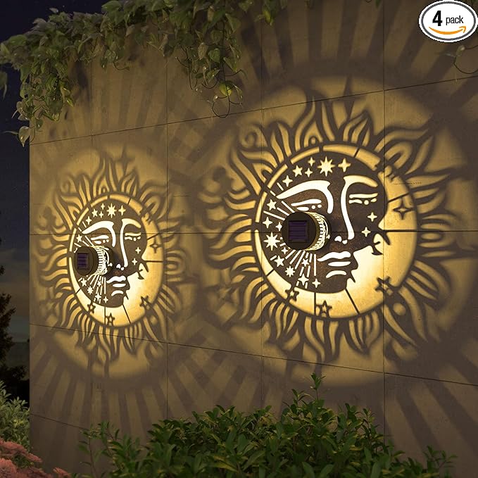 4 Pack Solar Fence Lights Metal Solar Powered Outdoor Wall Deck Step Lights Sun Moon Theme Waterproof Fence Light for Garden Post Patio Backyard Yard Decor, Gardening Gifts for Women Mom Grandma-CasaMuseHome