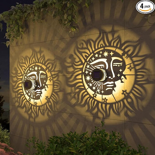 4 Pack Solar Fence Lights Metal Solar Powered Outdoor Wall Deck Step Lights Sun Moon Theme Waterproof Fence Light for Garden Post Patio Backyard Yard Decor, Gardening Gifts for Women Mom Grandma-CasaMuseHome