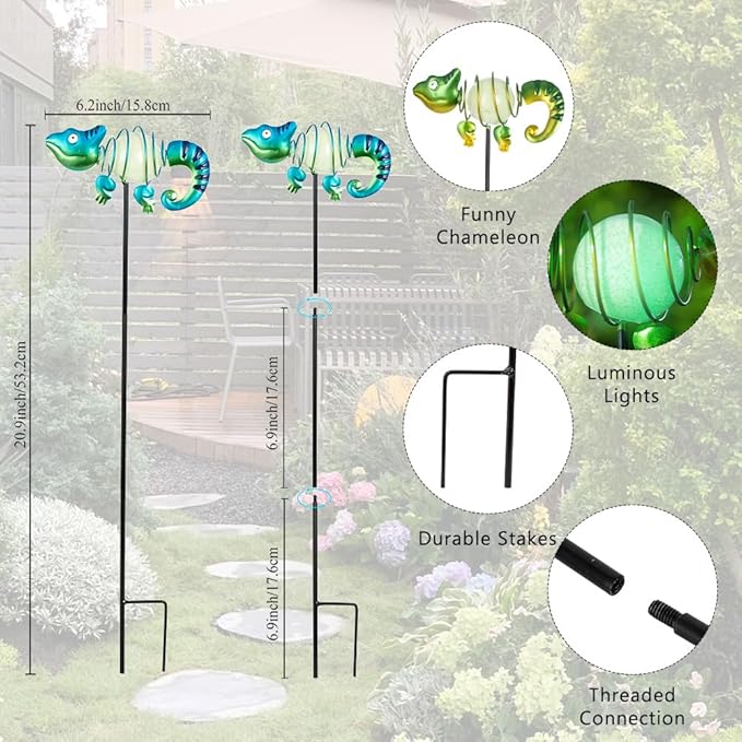 3 Pack Garden Stakes Decorative,Cute Chameleons Glow in The Dark Metal Garden Decor,Waterproof Metal Yard Art Decor for Outside,Funny Present for Mom Women Grandma-CasaMuseHome