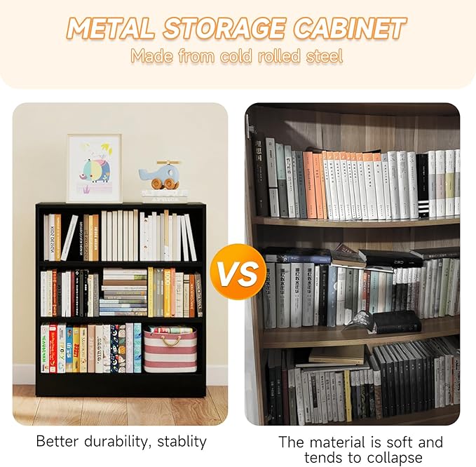 3-Tier Metal Open Shelf Bookcase, Bookcase with Adjustable Shelves, Floor Standing Book Shelf, Freestanding Display Storage Shelves, Curio Cabint Display Case for Small Places/Living Room/Corner-CasaMuseHome