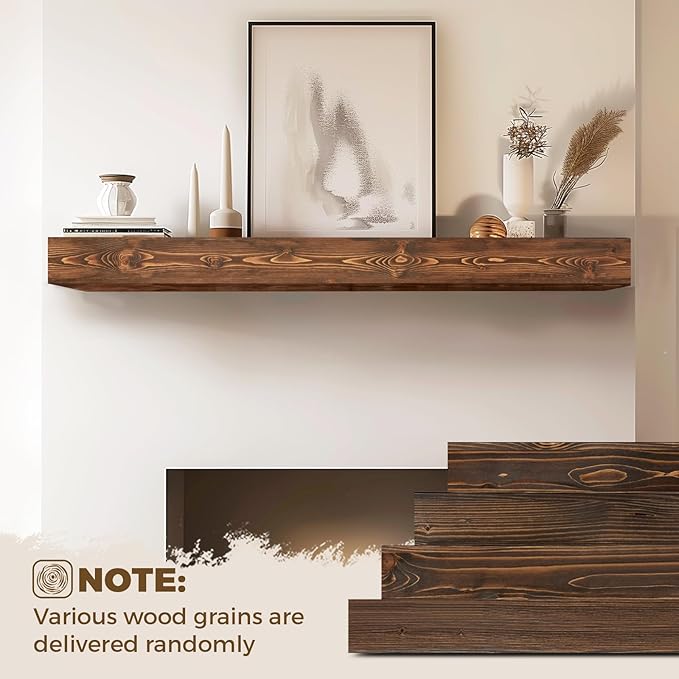 56x8x5 Fireplace Mantel - Handcrafted Hollow Rustic Solid Wood Wall Mounted Floating Shelf with Invisible Heavy Duty Wood Bracket (Weathered Brown)-CasaMuseHome