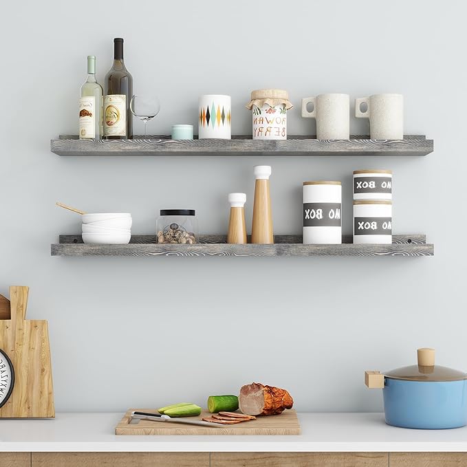 36 Inches Floating Shelves for Wall, Solid Pine Wood Picture Ledge Shelves, Wall Shelves with Lips, Nursery Book Shelves for Toys Storage Living Room Bedroom Photo Frames (2 Pcs, Grey)-CasaMuseHome