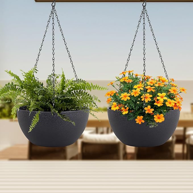 8 inch Small Hanging Planters Plant Pots for Indoor Outdoor Plants, 2 Pack Hanging Flower Pots with Drainage Holes and Chain for Garden Porch, Plastic Hanging Baskets for House Plants, Black-CasaMuseHome