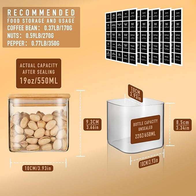 22oz Airtight Square Spice Containers with Bamboo Lid Set of 6 (650ml) Kitchen Pantry Organization Jar Stackable Spice Jar, for Sugar, Tea, Cookies and Coffee beans (‎with Black Lable)-CasaMuseHome