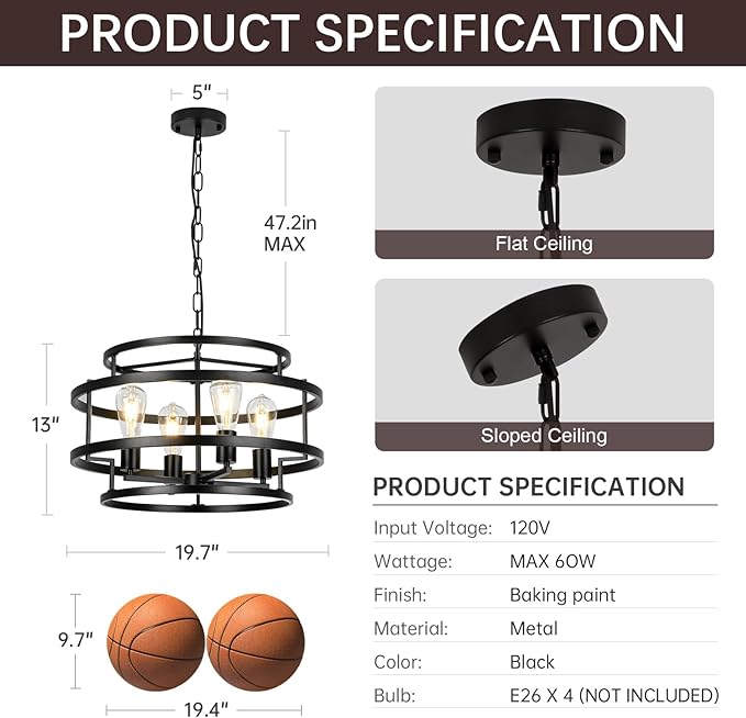 4-Light Black Chandelier for Dining Room, 19.7" Modern Farmhouse Pendant Light with Geometric Metal Frame, Industrial Flush Mount Ceiling Light for Living Room, Bedroom, Kitchen Island, Hallway, Foyer-CasaMuseHome