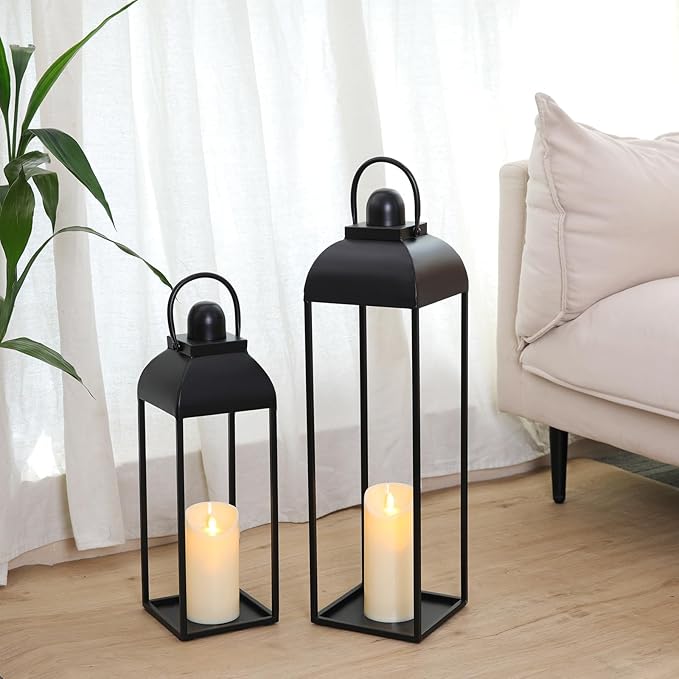 25'' 19'' Lanterns Decorative Outdoor Indoor, Black Metal Outdoor Candle Lanterns, Set of 2 Modern Farmhouse Decorative Lantern for Fireplace, Patio, Porch, Floor, Halloween Lantern (No Glass)-CasaMuseHome