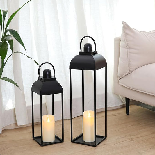 25'' 19'' Lanterns Decorative Outdoor Indoor, Black Metal Outdoor Candle Lanterns, Set of 2 Modern Farmhouse Decorative Lantern for Fireplace, Patio, Porch, Floor, Halloween Lantern (No Glass)-CasaMuseHome