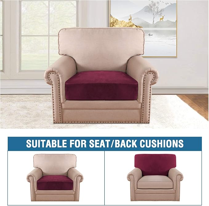 H.VERSAILTEX Velvet Stretch Couch Cushion Cover Plush Cushion Slipcover for Chair Cushion Furniture Protector Seat Cushion Sofa Cover (1 Piece Armchair Cushion Covers, Burgundy)-CasaMuseHome