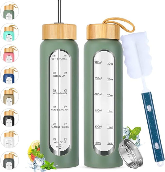 32 oz Glass Water Bottle with Straw - Motivational Time Marker & Silicone Sleeve - Reusable Tumbler Includes 2 Bamboo Lids & Fruit Infuser - 1 Pack-CasaMuseHome