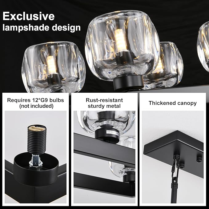 59 Inch Black Rectangle Wagon Wheel Chandeliers, Black Chandelier for Dining Room Over Table, Modern Crystal Long Chandelier, Farmhouse Large Linear Chandeliers for Kitchen Island-CasaMuseHome