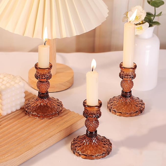 12Pcs Amber Candlestick Holders Set- 4" H Taper Candle Holders Bulk, Glass Candle Holders for Wedding, Party, Fall Dinner Table Centerpieces, Festival Gifts & Windowsill Decor-CasaMuseHome