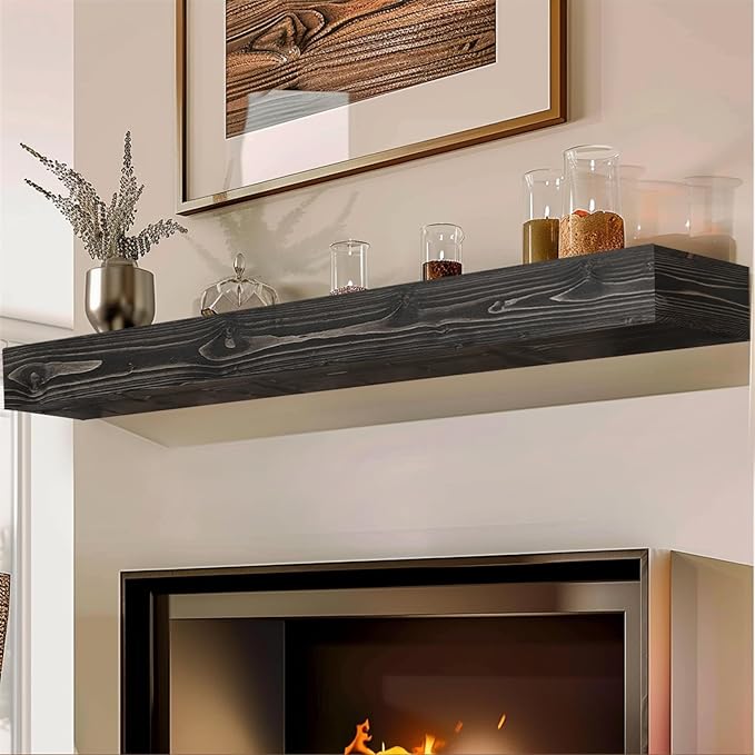 72x8x5 Fireplace Mantel - Handcrafted Hollow Rustic Solid Wood Wall Mounted Floating Shelf with Invisible Heavy Duty Wood Bracket (Weathered Black)-CasaMuseHome