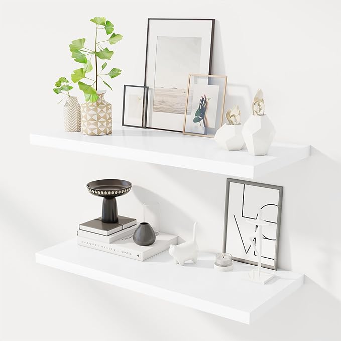 32" Floating Shelves for Wall, 12" Deep Slim White Floating Shelves, Wall-Mounted Shelves for Bedroom, Living Room, Kitchen, Bathroom - Set of 2-CasaMuseHome