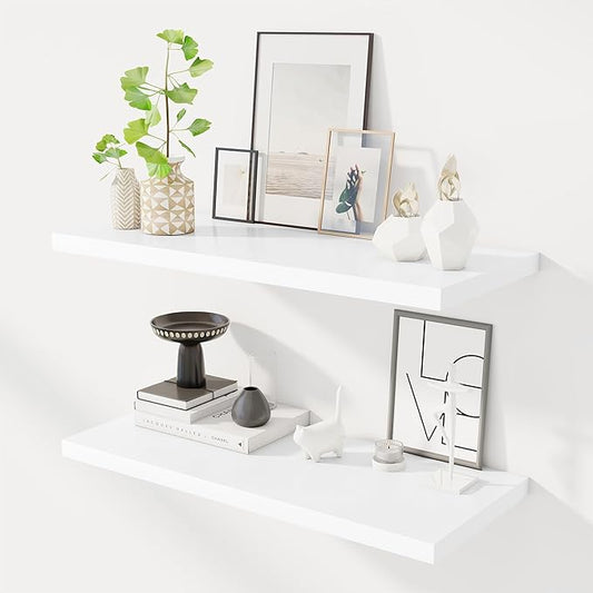 32" Floating Shelves for Wall, 12" Deep Slim White Floating Shelves, Wall-Mounted Shelves for Bedroom, Living Room, Kitchen, Bathroom - Set of 2-CasaMuseHome