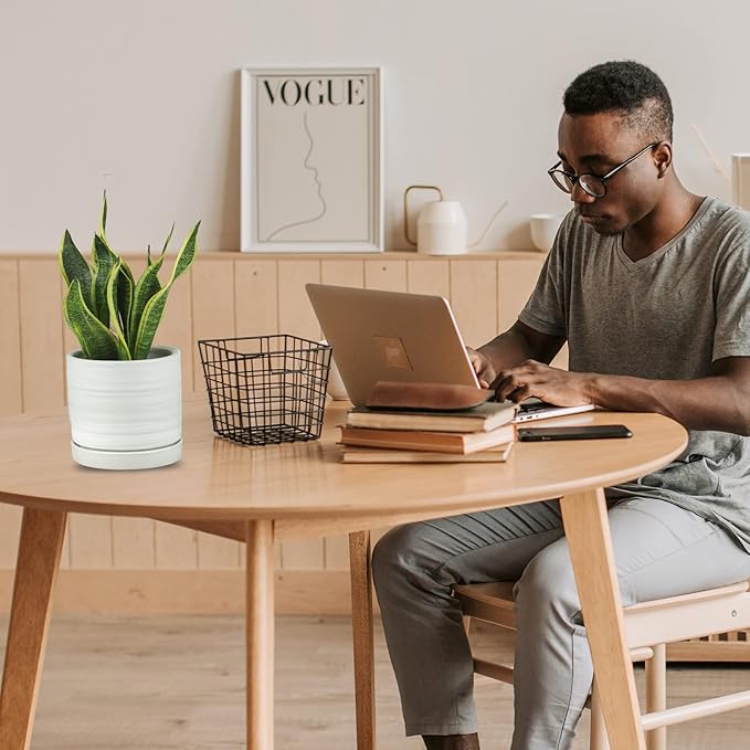 6 Inch Plant Pots, Ceramic Planter Pot with Drainage Hole & Saucer, Indoor/Outdoor Cylinder Round Planter Pot, Matte White-CasaMuseHome