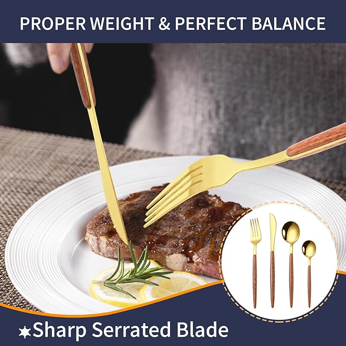 16 Pcs Gold Silverware Set with Simulated Wooden Handle for 4,Stainless Steel Cutlery Set,Mirror Polished Tableware Utensils Flatware Set,Include Knives Spoons and Forks set,Dishwasher Safe-CasaMuseHome