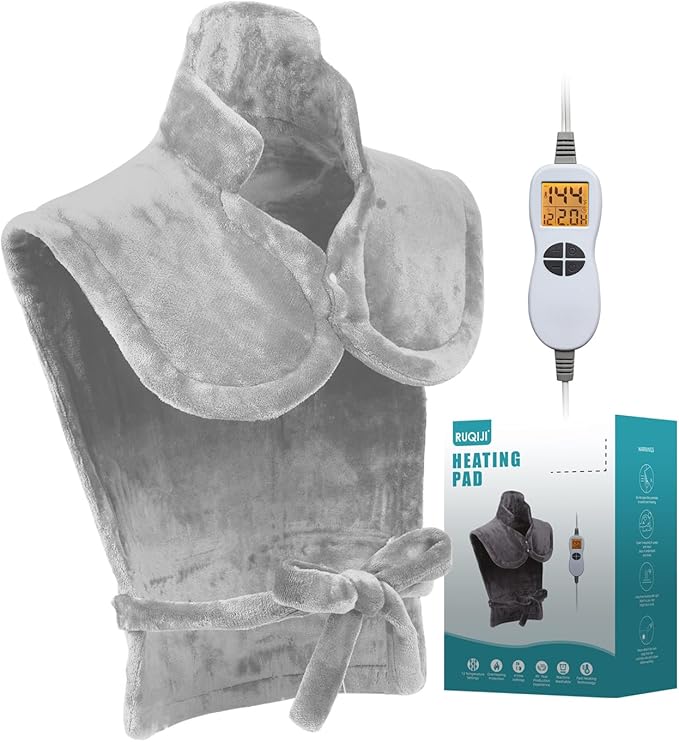 26" x 35" Flannel Neck&Shoulder&Back Heating Pad with 12 Temperature Settings&Countdown Timer, Pain Relief for Back/Neck/Shoulders/Menstrual Pain, Christmas Gifts for Women Men Mom Dad(Light Grey)-CasaMuseHome