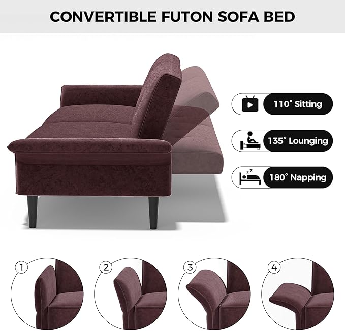 89” Futon Sofa Bed, Velvet Fabric Comfy Futon Couch Bed with 2 Square Pillows, Convertible Sleeper Sofa with Adjustable Backrest& Armrests, Modern Loveseat Sleeper for Living Room, Burgundy-CasaMuseHome
