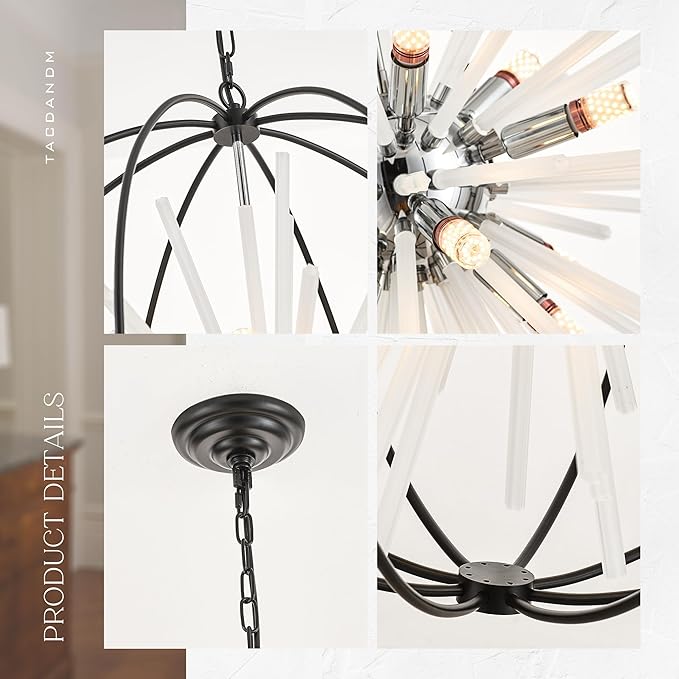 31.5" Black Chrome 16-Light Globe Sputnik Chandelier Modern Adjustable Hanging Ceiling Glass Tube Pendant Light Fixture for Entryway Foyer Stairway Dining Living Room Hallway-CasaMuseHome