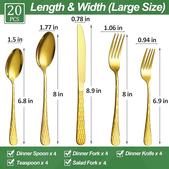 20 Pcs Gold Silverware Set for 4 with Water Cube Handle design, Food Grade Stainless Steel Flatware Set, Eating Utensils Sets Include Fork/Knife/Spoon, Reusable Cutlery Set, Dishwasher Safe-CasaMuseHome