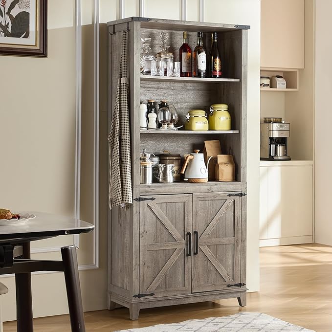 70in Tall Bookshelf 5 Tier Bookcase with Barn Doors and Adjustable Shelves, Grey Farmhouse Book Shelf with Storage Cabinet, Wood Freestanding Display Bookshelves for Bedroom, Living Room-CasaMuseHome