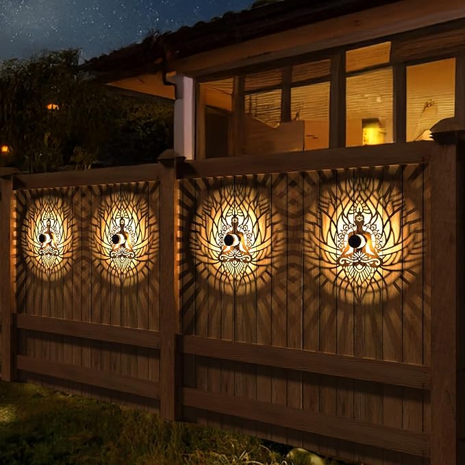 4 Pack Solar Fence Lights Metal Solar Powered Outdoor Wall Deck Step Lights Zen Theme Waterproof Fence Light for Garden Post Patio Backyard Yard Decor, Gardening Gifts for Women Mom Grandma-CasaMuseHome