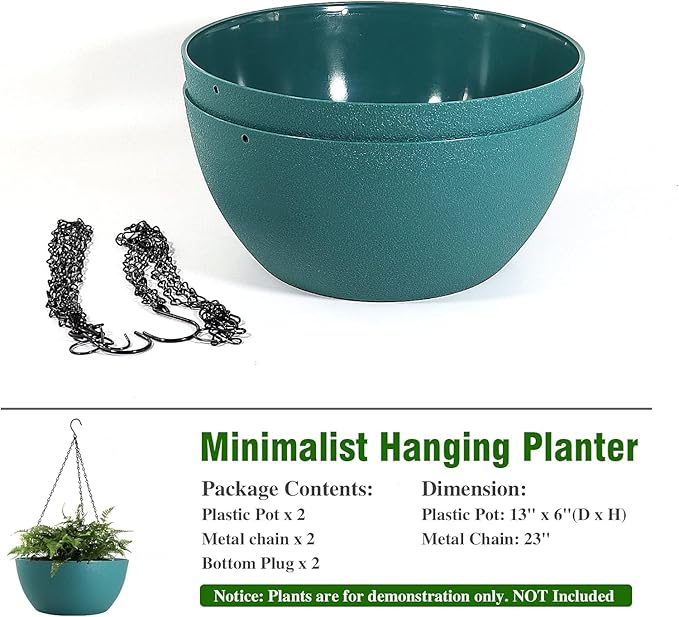 13 inch Large Hanging Planters Plant Pots for Outdoor Indoor Plants with Drainage Holes and Chain, 2 Pack Round Hanging Flower Pots for Garden Home Porch Decor, Blue Green-CasaMuseHome