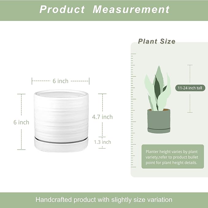 6 Inch Plant Pots, Ceramic Planter Pot with Drainage Hole & Saucer, Indoor/Outdoor Cylinder Round Planter Pot, Matte White-CasaMuseHome