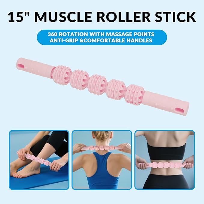 7 in 1 Foam Roller,Products Include Foam shafts,Muscle Roller Bars,Leg Massagers,Fascia Balls,Stretch Bands,8-Shaped Resistance Bands,are Used for Full-Body Relax,Yoga(White Pink Blue) (Pink)-CasaMuseHome