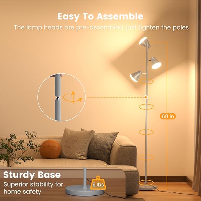 36W LED Tree Floor Lamp, Dimmable Tall Standing Lamp with Remote & Touch Control, 4 Color Temperatures Bright Floor Lamp, 3 Rotatable Light Modern Floor Lamps (Silver Gray)-CasaMuseHome