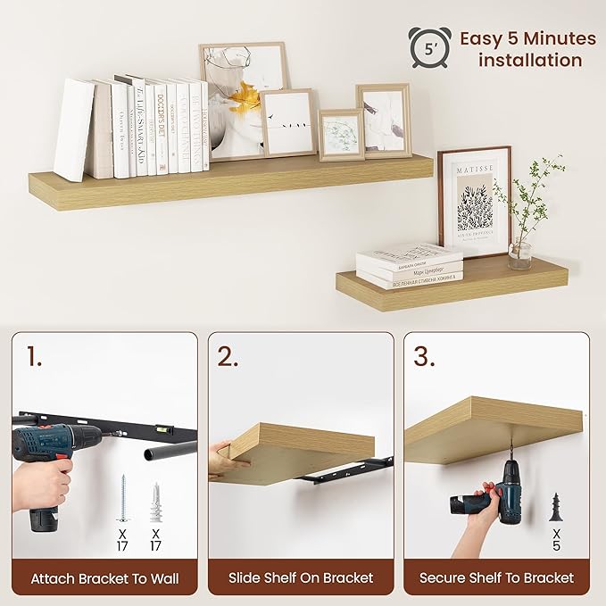 12 Inch Deep Floating Shelves 55 inch Long, 55 x 12 Wide Wall Shelves with Invisible Brackets, Heavy Duty Shelf for Bedroom Bathroom Living Room Kitchen Office Home Decor, Modern Shelf Set of 2, Oak-CasaMuseHome